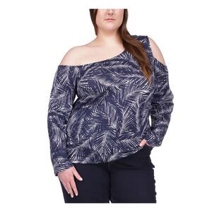 MICHAEL MICHAEL KORS Womens Navy Long Sleeve Asymmetrical Neckline Top Plus 2X